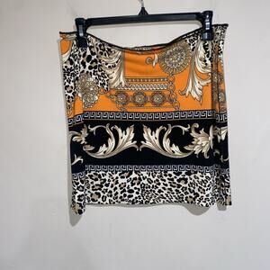 Eva Varro Orange Black Leopard Print Pull on Mini Greek Gold Baroque Skirt Sz M